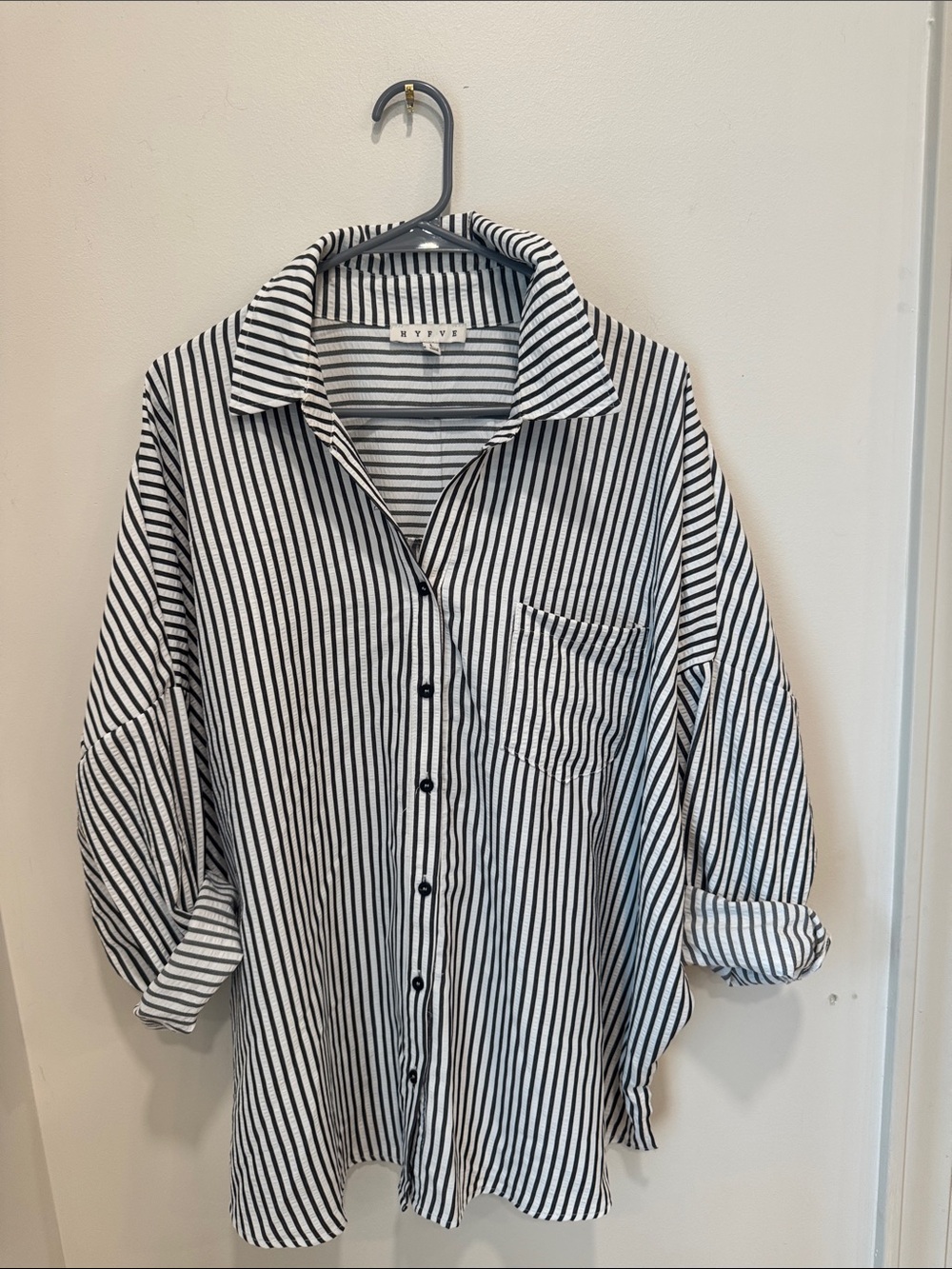 HYFVE Black and White Striped Seersucker Oversized Button Up Shirt - Size L